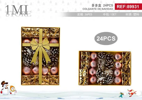 Set de adornos navideños surtidos con piñas y esferas oro rosa 24 piezas