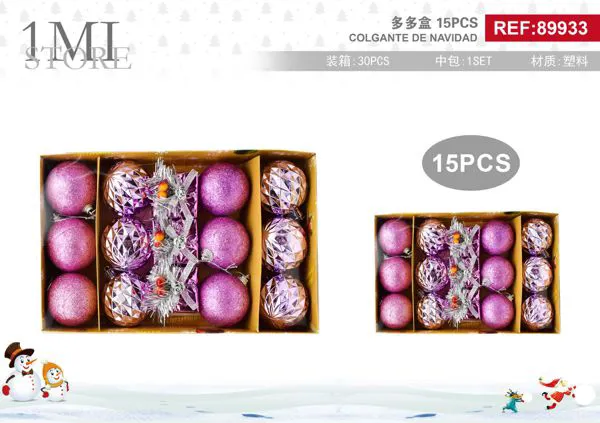 Set de esferas navideñas morado y rosa 15 piezas
