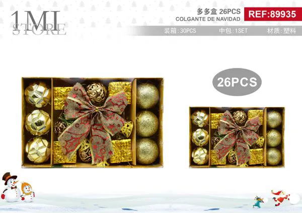 Set de esferas navideñas doradas con mono decorativo 26 piezas