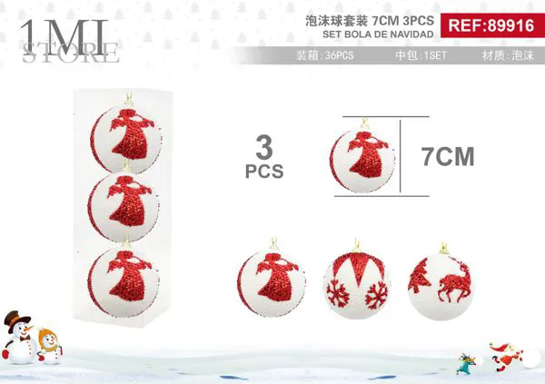 Set de esferas navideñas de espuma blancas con ángel rojo 7 cm 3 piezas