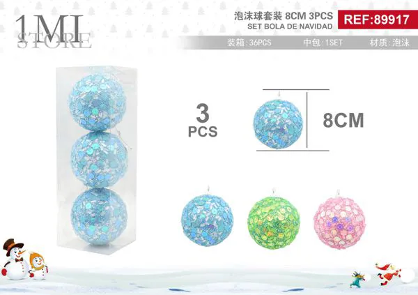 Set de esferas navideñas de espuma con lentejuelas 8 cm 3 piezas