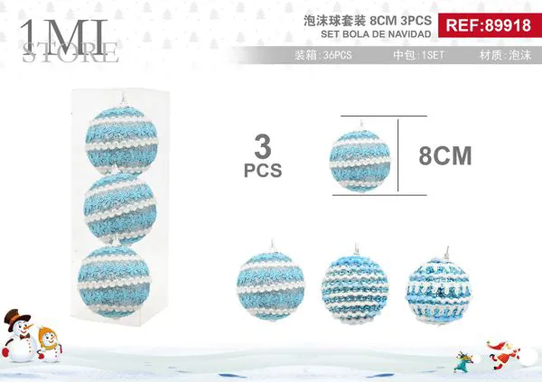 Set de esferas navideñas de espuma azul a rayas 8 cm 3 piezas