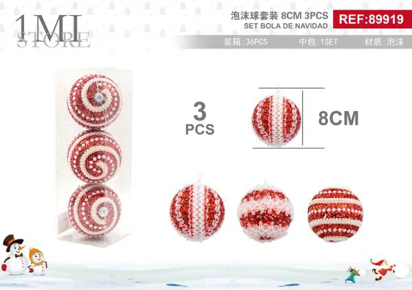 Set de esferas navideñas de espuma rojo y blanco 8 cm 3 piezas