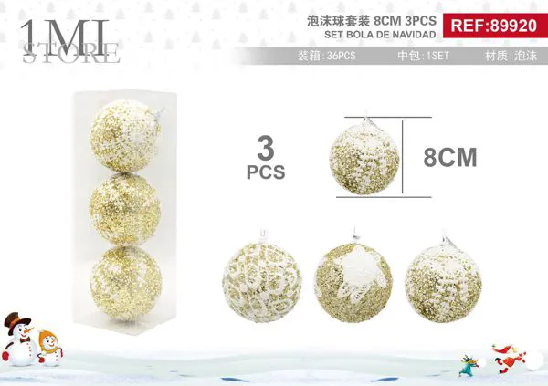 Set de esferas navideñas de espuma con glitter dorado 8 cm 3 piezas