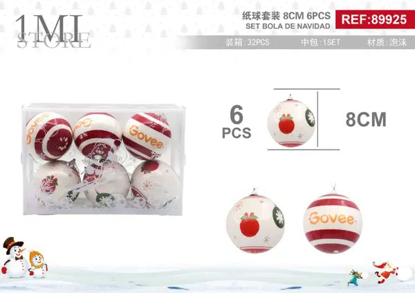 Set de esferas navideñas de papel rojo y blanco 8 cm 6 piezas