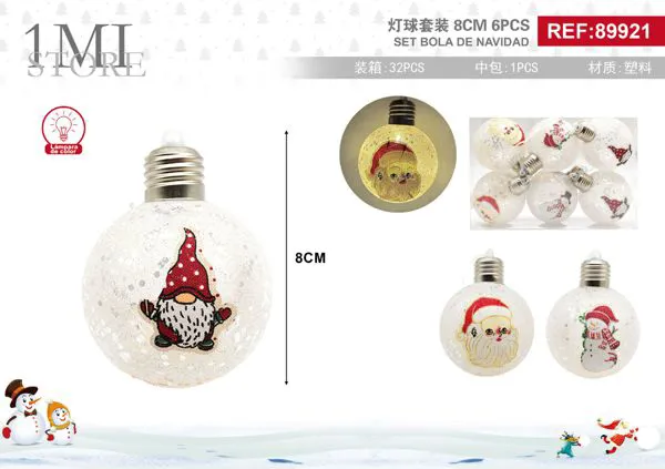 Set de esferas navideñas LED con gnomo y Santa 8 cm 6 piezas