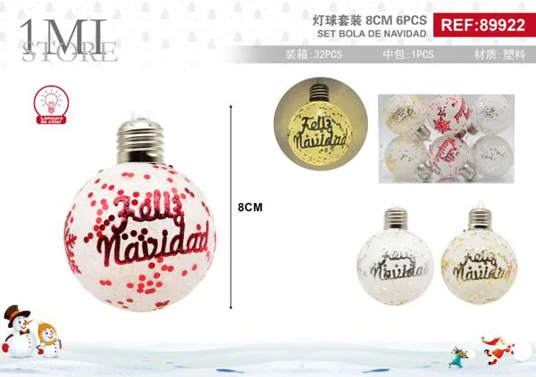 Set de esferas navideñas LED Feliz Navidad 8 cm 6 piezas