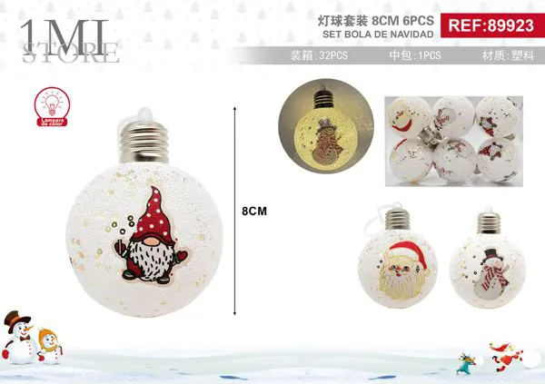 Set de esferas navideñas LED con gnomo y muñeco de nieve 8 cm 6 piezas