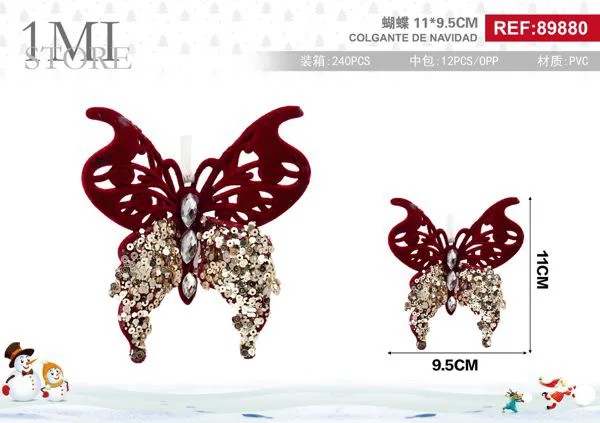 Adorno colgante navideño mariposa roja con lentejuelas doradas
