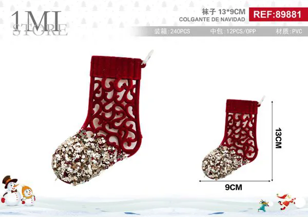 Adorno colgante navideño bota roja con lentejuelas doradas