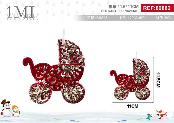 Adorno colgante navideño carriola con lentejuelas rojo y dorado