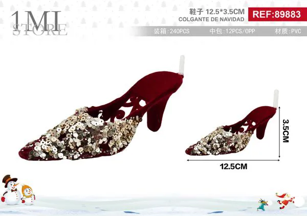 Adorno colgante navideño zapatilla con lentejuelas doradas