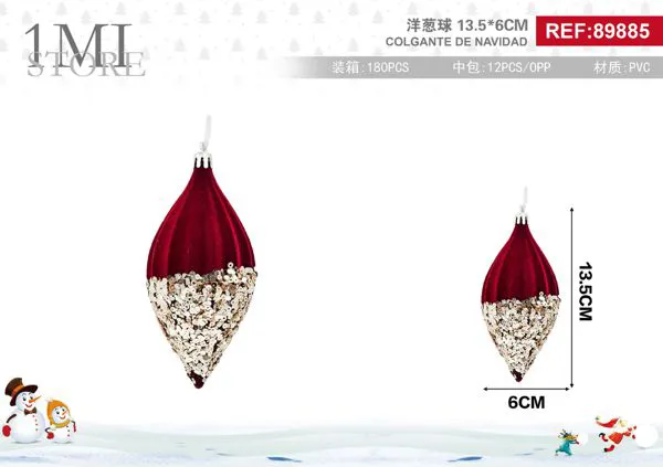 Adorno colgante navideño gota terciopelo rojo con lentejuelas