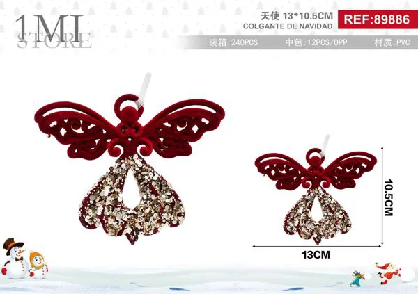 Adorno colgante navideño ángel rojo con lentejuelas doradas