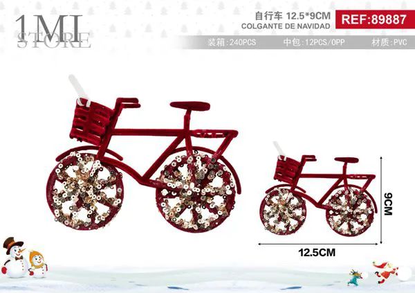 Adorno colgante navideño bicicleta con lentejuelas rojo y dorado