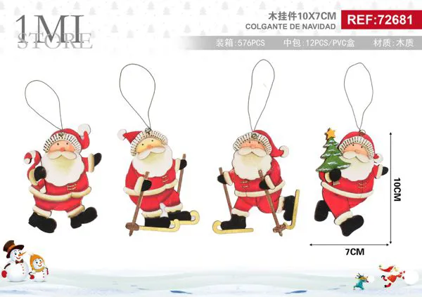 Adornos colgantes de madera Santa Claus esquiador (set)