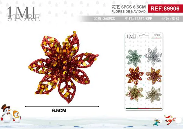 Flores decorativas navideñas de nochebuena con glitter (6 pzas)