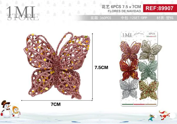 Mariposas decorativas navideñas con glitter (6 pzas)