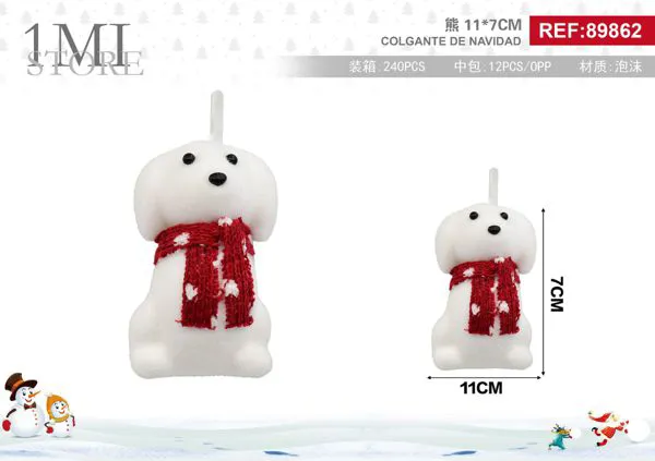 Muñeco navideño de perrito blanco con bufanda roja