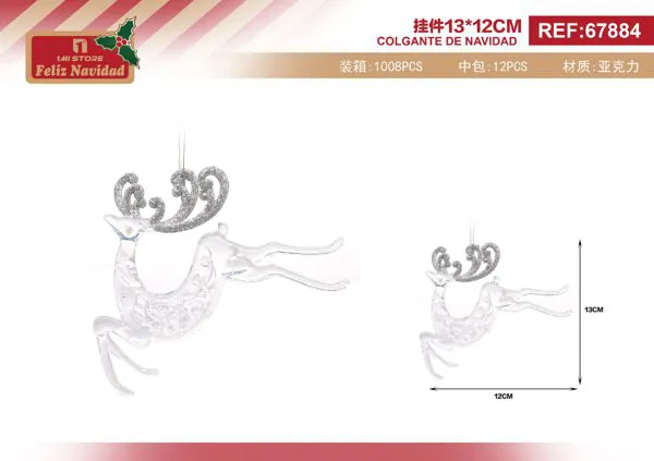 Adorno colgante navideño reno acrílico transparente con glitter