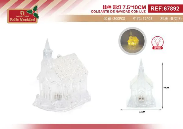 Adorno navideño iglesia acrílica con luz LED