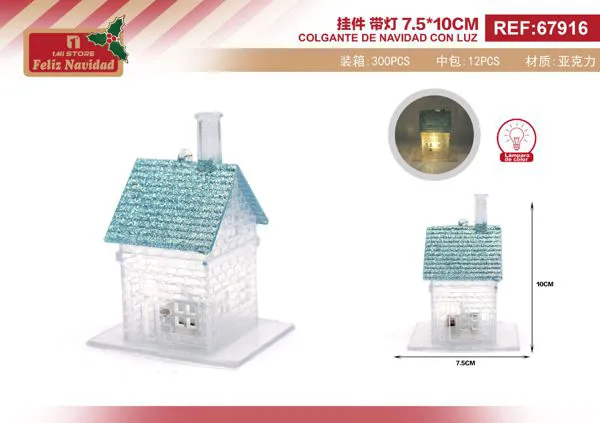Adorno navideño casita acrílica con techo azul y luz LED
