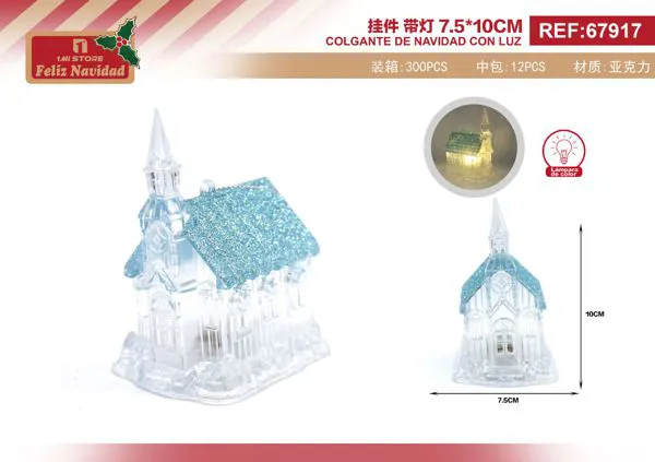 Adorno navideño iglesia acrílica con techo azul y luz LED