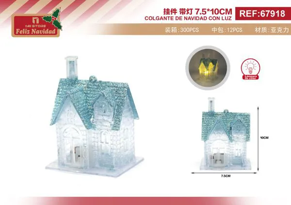 Adorno navideño casita acrílica azul con luz LED
