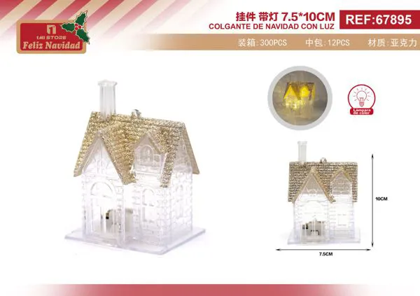 Adorno navideño casita acrílica con techo dorado y luz LED