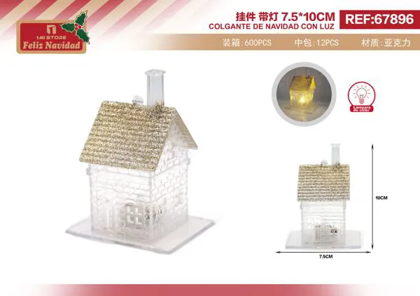 Adorno navideño casita acrílica con techo dorado y luz LED