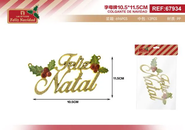Letrero navideño colgante dorado Feliz Navidad con acebo