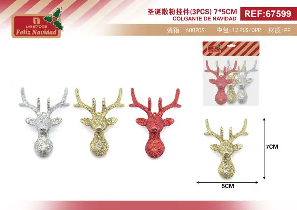 Adornos colgantes navideños cabeza de reno con glitter (3 pzas)