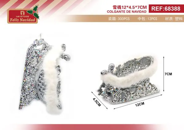 Adorno navideño trineo plateado con glitter