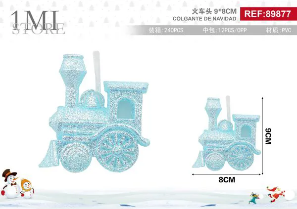 Adorno colgante navideño locomotora azul con glitter