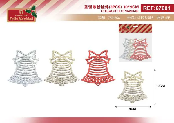 Adorno colgante de campana con glitter (set 3 pzas)