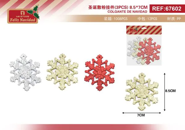 Adorno colgante copo de nieve con glitter (set 3 pzas)