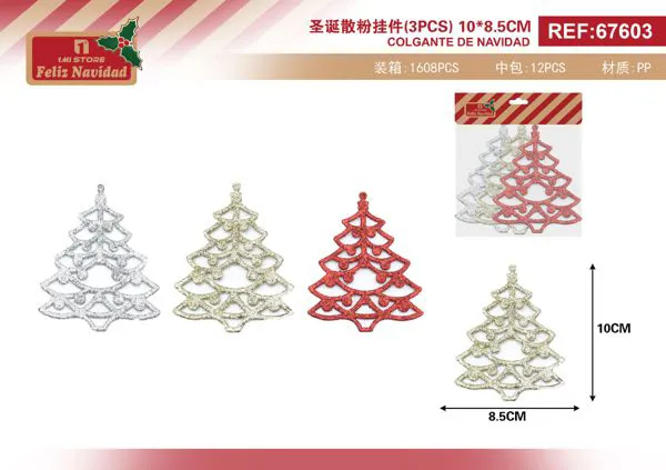 Adorno colgante árbol de Navidad con glitter (set 3 pzas)