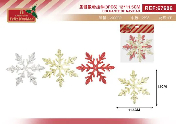 Adorno colgante copo de nieve grande con glitter (set 3 pzas)