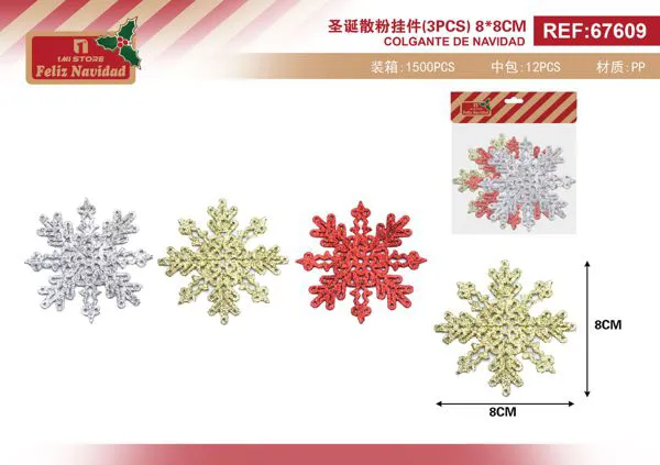 Adorno colgante copo de nieve con glitter (set 3 pzas)
