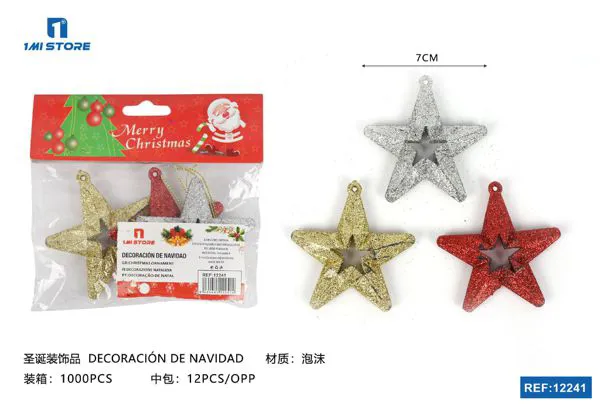 Adorno colgante de estrella con glitter (set 3 pzas)