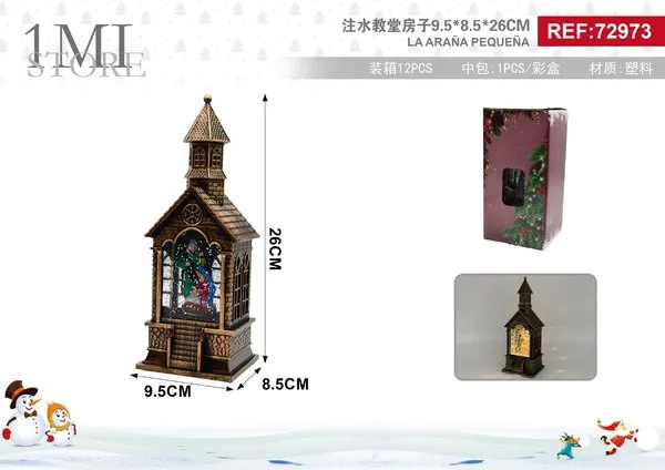 Farol navideño casita iglesia con luz y agua