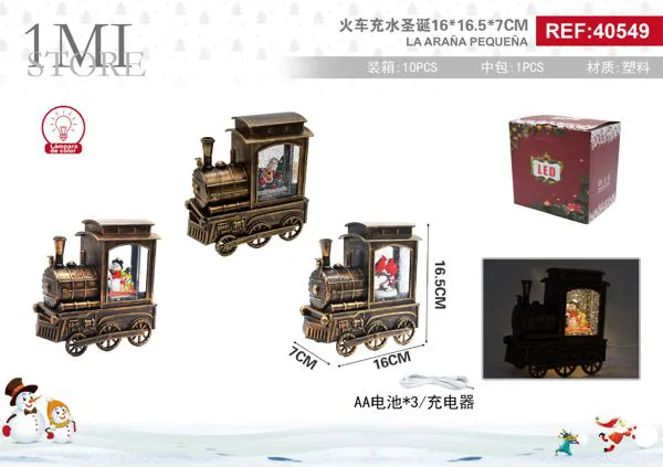 Farol LED navideño de tren con agua y brillos 16 cm