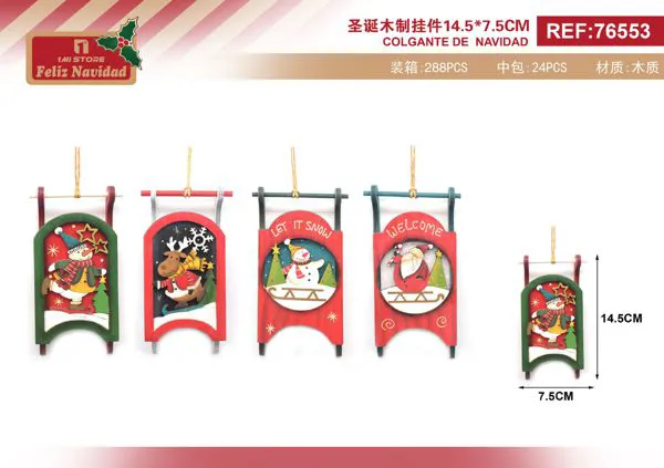 Adorno colgante de madera navideño trineo 14.5 cm