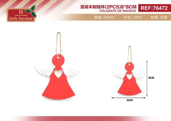 Adorno colgante de madera ángel navideño rojo 2 pzas 8 cm