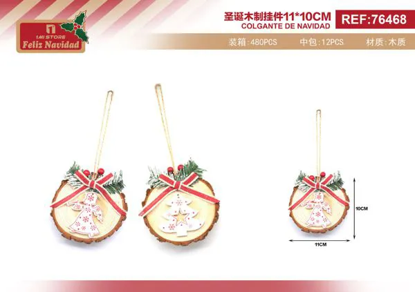 Adorno colgante de madera rodaja con árbol navideño 10 cm