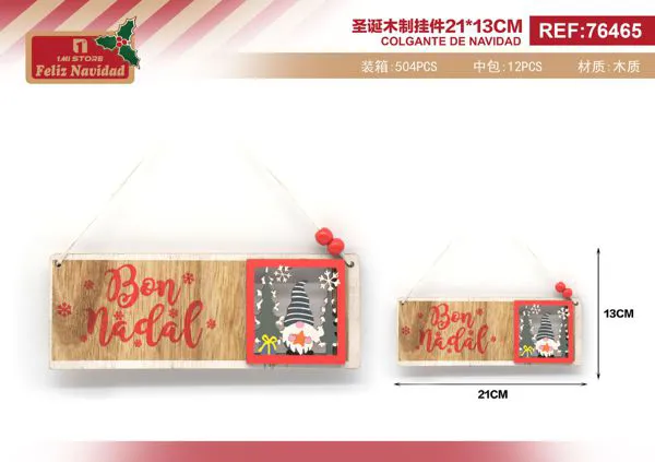 Letrero colgante de madera navideño Feliz Navidad con gnomo 21 cm