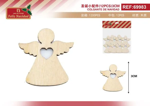 Adornos de madera ángel navideño DIY 12 pzas 3 cm