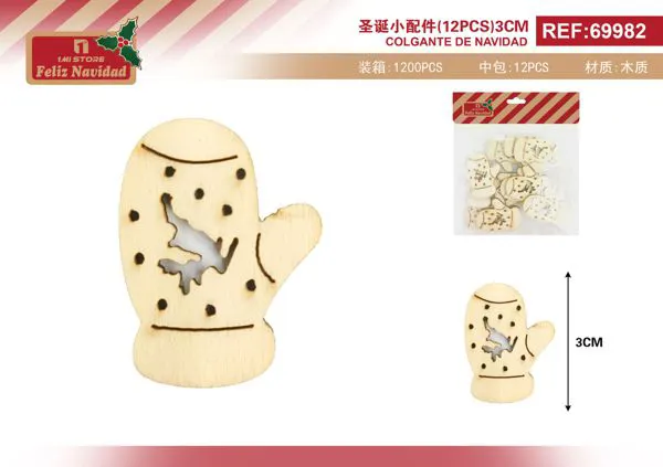 Adornos de madera guante navideño DIY 12 pzas 3 cm