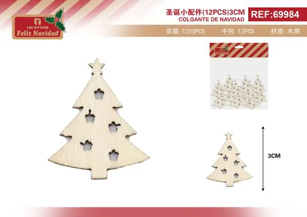 Adornos de madera árbol navideño DIY 12 pzas 3 cm