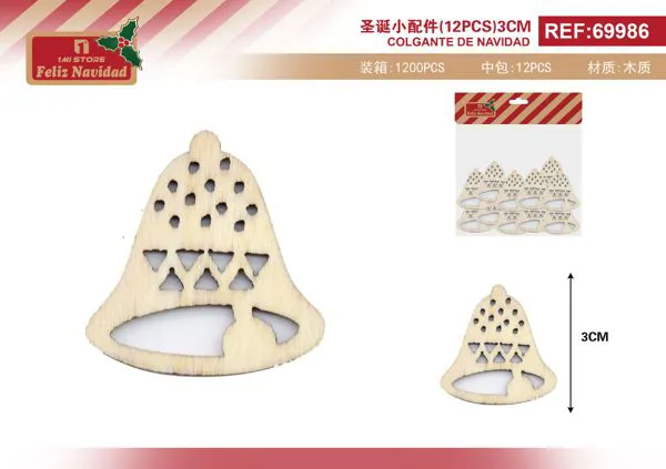 Adornos de madera campana navideña DIY 12 pzas 3 cm